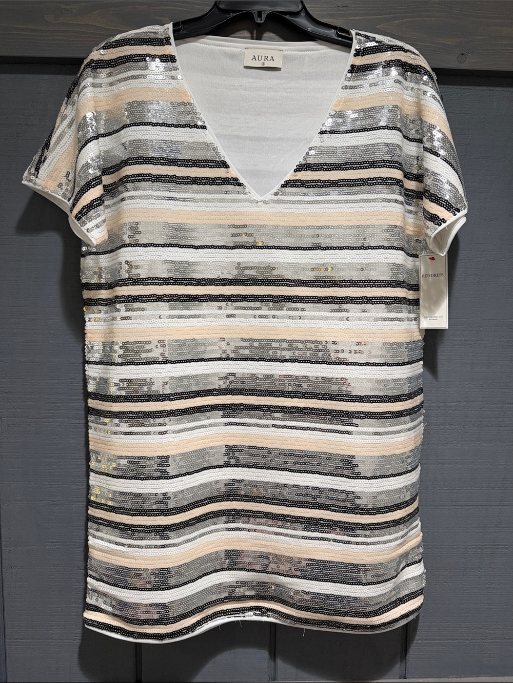 Aura Sequin Striped V-Neck Short Sleeve dress in Cream, Black & Silver